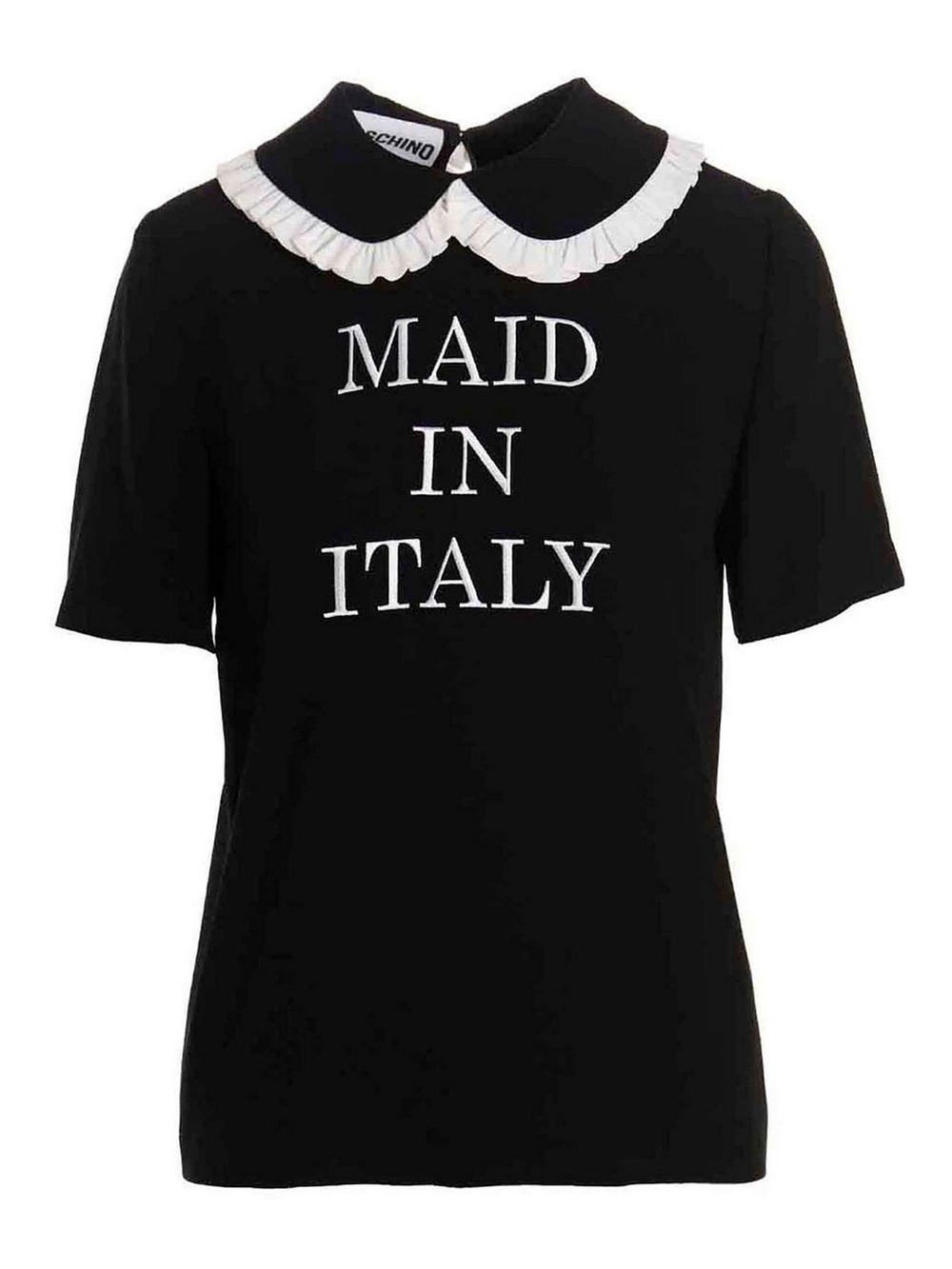 Moschino Black Tee with White Ruffled Peter Pan Collar 'MAID IN ITALY' Size 8